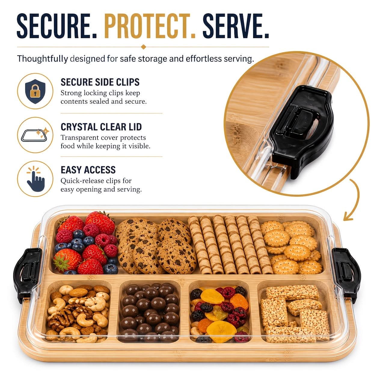 Bamboo Divided Snack Tray with Lid for Organized Serving and Portable Food Storage-Galonda
