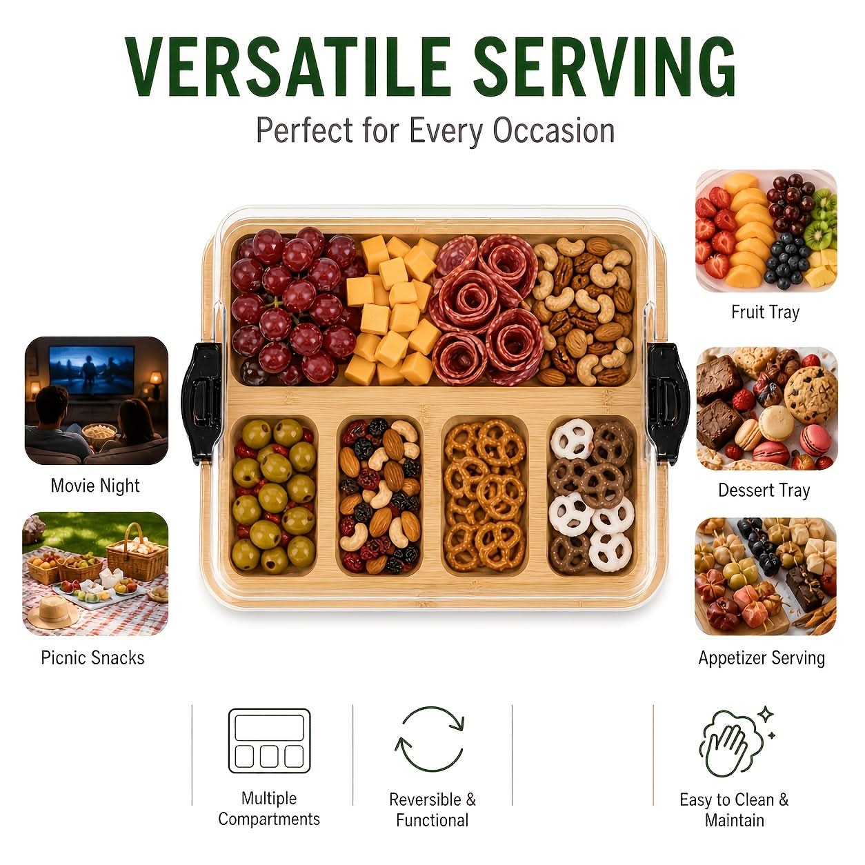 Bamboo Divided Snack Tray with Lid for Organized Serving and Portable Food Storage-Galonda