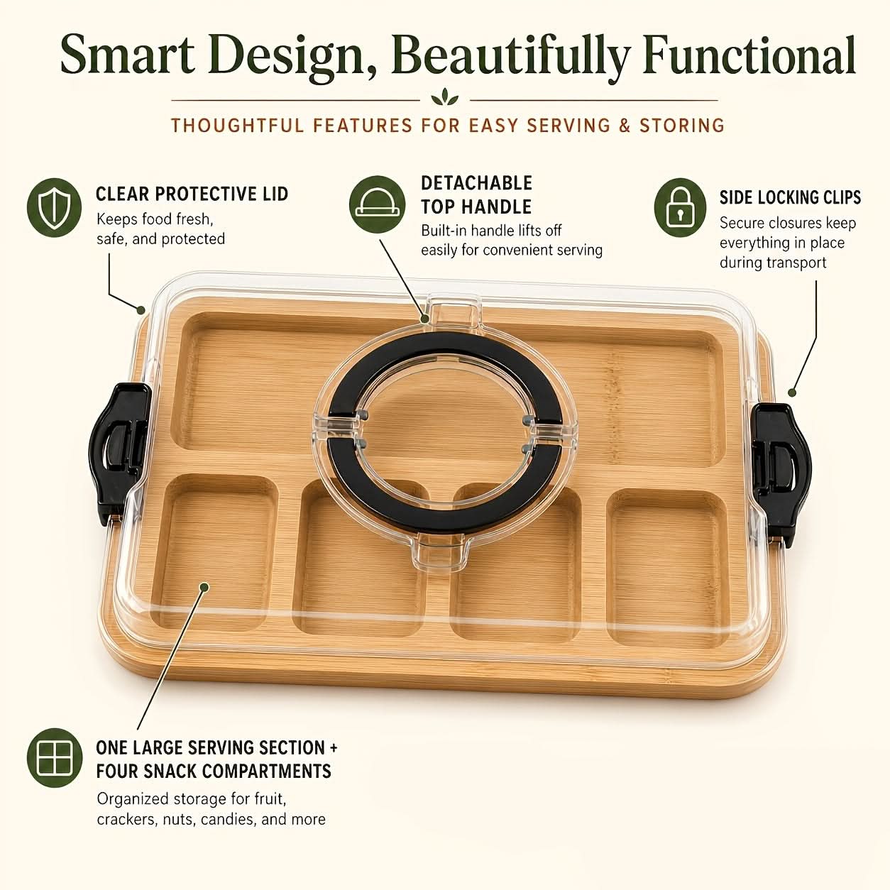 Bamboo Divided Snack Tray with Lid for Organized Serving and Portable Food Storage-Galonda
