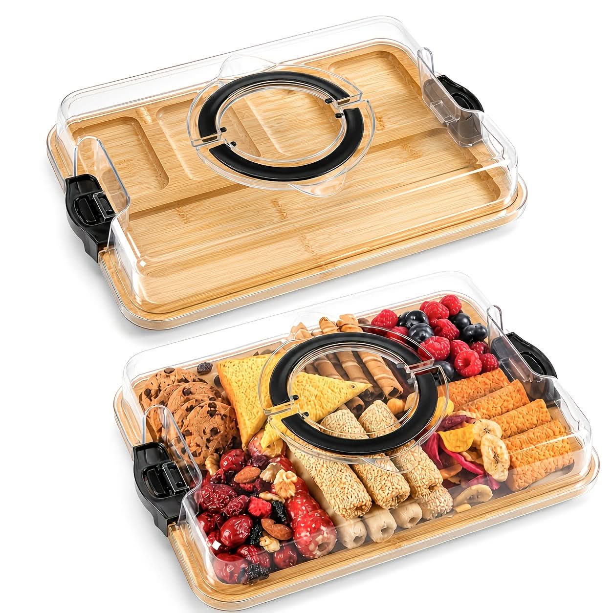 Bamboo Divided Snack Tray with Lid for Organized Serving and Portable Food Storage-Galonda