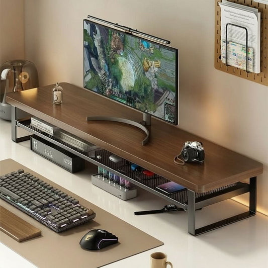 Dual-Layer Computer Monitor Stand with Pull-Out Storage Drawer-Galonda