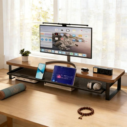 Dual-Layer Computer Monitor Stand with Pull-Out Storage Drawer-Galonda