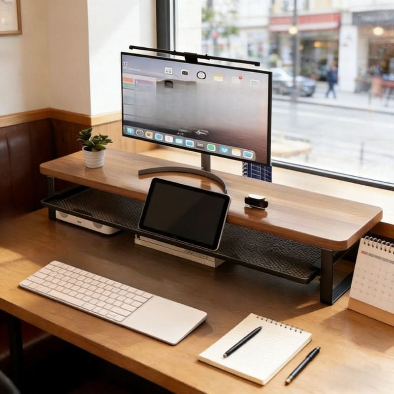 Dual-Layer Computer Monitor Stand with Pull-Out Storage Drawer-Galonda