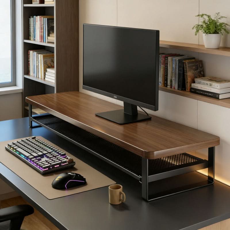 Dual-Layer Computer Monitor Stand with Pull-Out Storage Drawer-Galonda