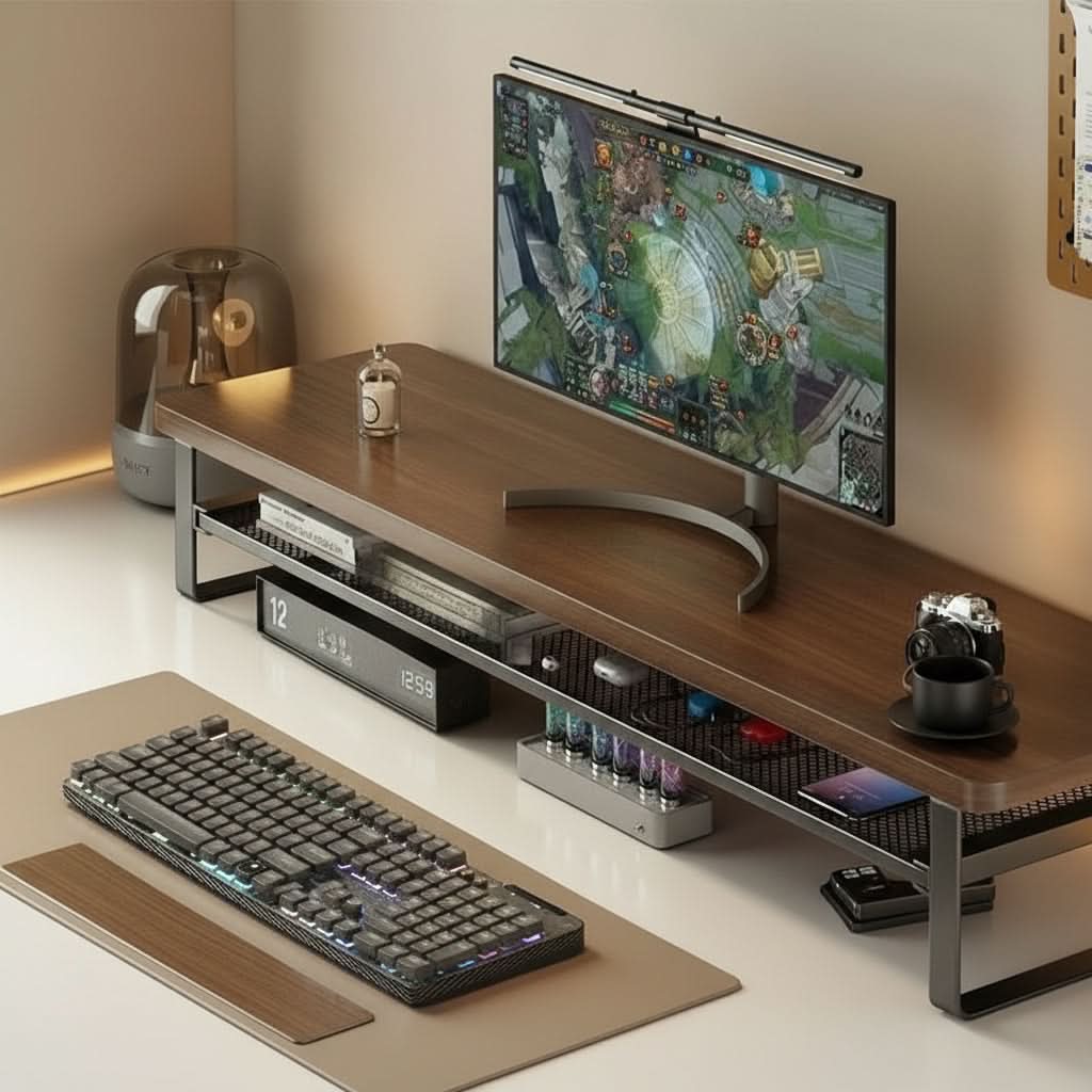 Dual-Layer Computer Monitor Stand with Pull-Out Storage Drawer-Galonda