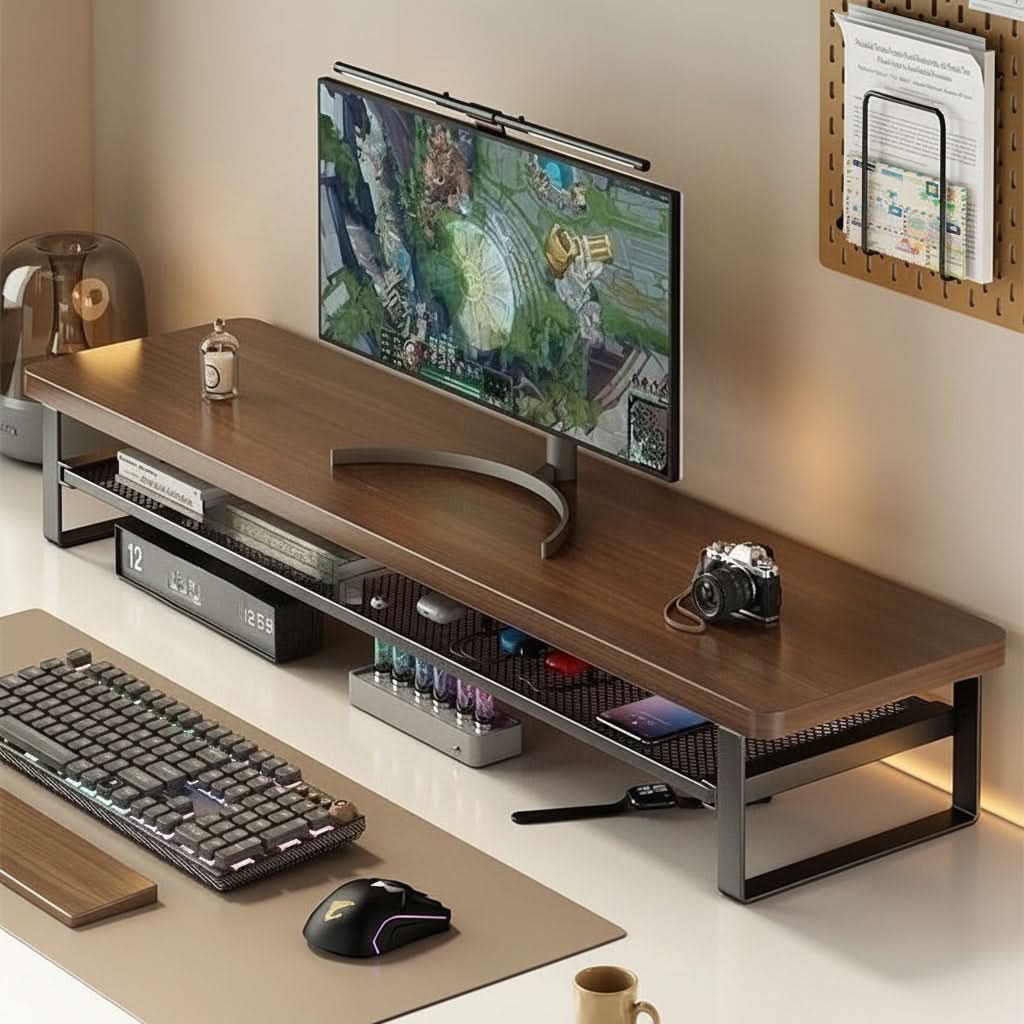 Dual-Layer Computer Monitor Stand with Pull-Out Storage Drawer-Galonda