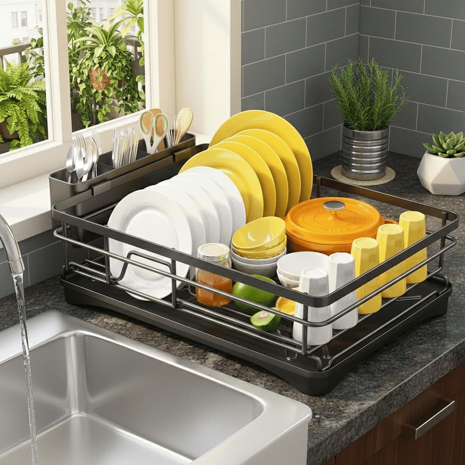 Large Dish Drying Rack with Integrated Drip Tray for Efficient Drying-Galonda